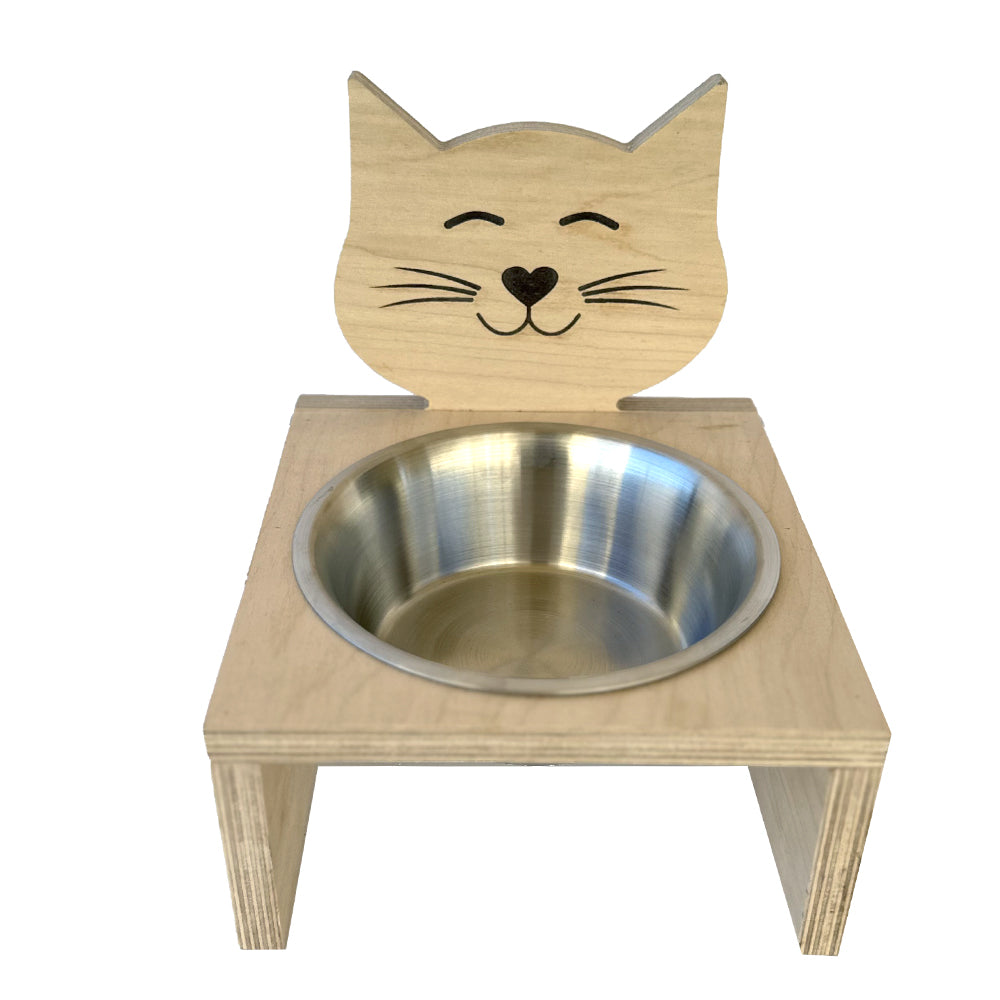 Purrfect Feast Elevated Cat Feeder – Wooden Cat Silhouette Stand with Stainless Steel Bowl