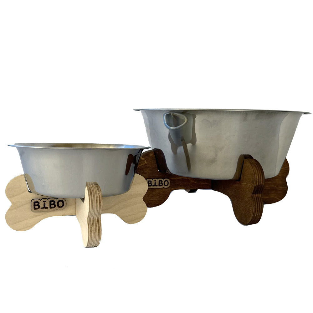 Bone Appétit Elevated Small/Medium Dog Feeder – Natural Wood Bone Legs & Stainless Steel Bowl