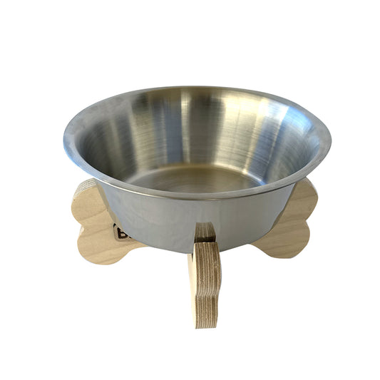 Bone Appétit Elevated Small/Medium Dog Feeder – Natural Wood Bone Legs & Stainless Steel Bowl